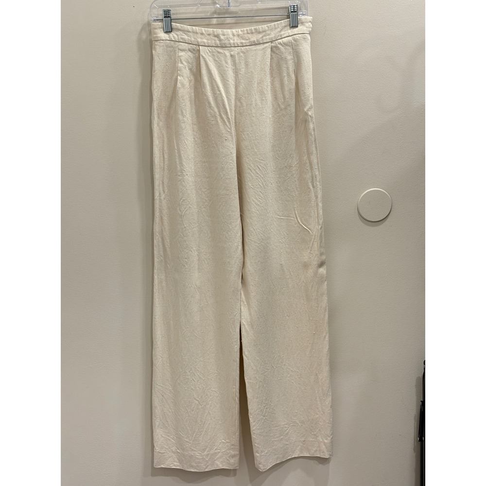 Chloe Jaune Pale Cream Viscose Silk Slub Wide Leg Pleated Trousers 8 Luxury